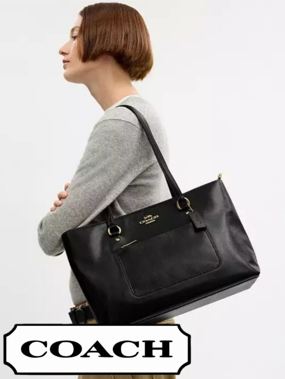 🔥COACH Tote In Black Leather W/Hangtag, Gold Hardware, Front Pocket, New W/tags